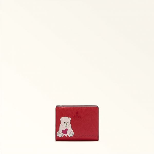  Furla Camelia Portefeuille Compact S Toni M1 Red Multicolore Cuir De Veau Grainé Eracle à Imprimé Orso Cuore Femme 