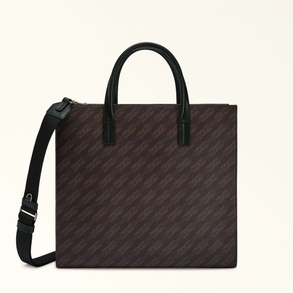  Furla Man Sirio Sac Cabas Toni Caffe' Marron Tissu Enduit à Imprimé Chaîne D’arches + Cuir De Veau Souple Homme 