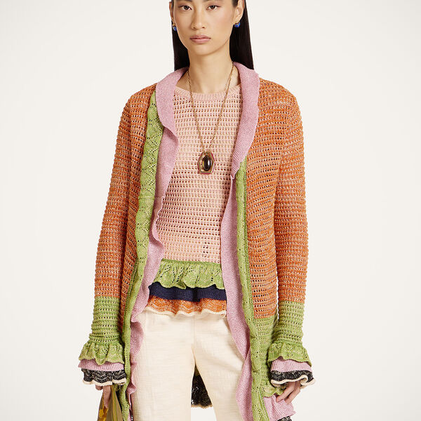  La Doublej Knitwear Women - Eight Counts Cardigan Color Block Orange & Green M 45% Cotton 38% Viscose 12% Metal Polyester 5% Polyammide 