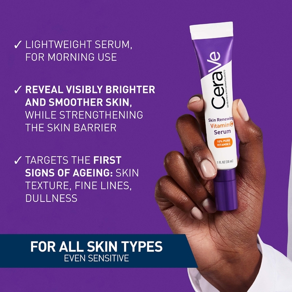  Cerave Skin Renewing Sérum à 10 % De Vitamine C Pure Avec Céramides Pour Une Peau Plus Lumineuse Et Plus Lisse (30 Ml) 