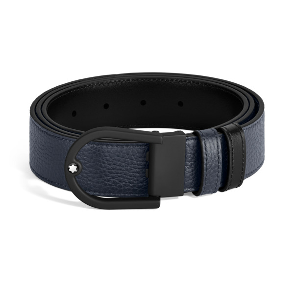  Montblanc - Ceinture Réversible Horseshoe 35 Mm En Cuir Grainé - Bleu Nuit - Cuir - Mb222413 - Ceintures 