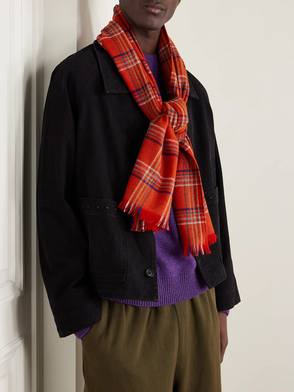  Bode - Gable Checked Fringed Wool Scarf - Men - Red 