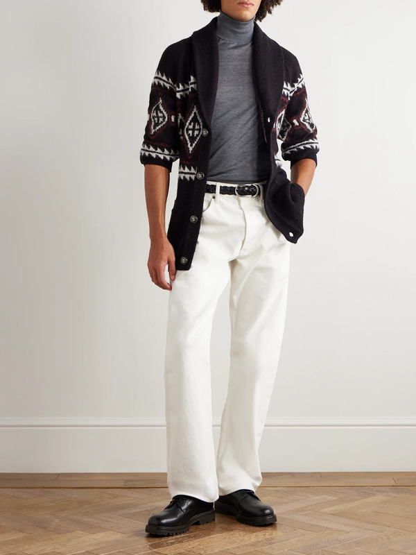  Brunello Cucinelli - Shawl-collar Belted Jacquard-knit Wool, Silk And Cashmere-blend Cardigan - Men - Black - It 46 