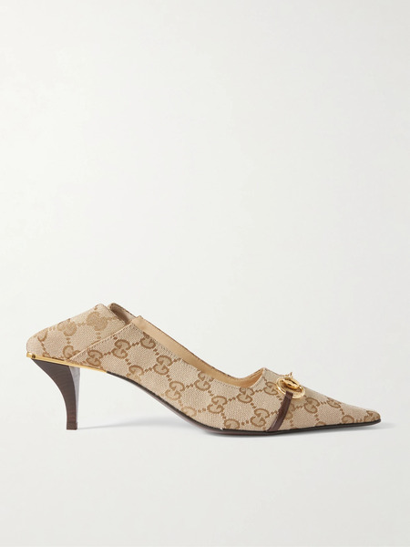  Gucci - Vittoria Collapsible-heel Horsebit-embellished Leather-trimmed Canvas-jacquard Pumps - Beige 