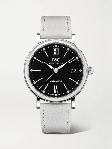  Iwc Schaffhausen - Portofino Automatic 37mm Stainless Steel, Textured-leather And Diamond Watch - Silver 