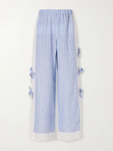  Loretta Caponi - Clarissa Bow-embellished Striped Broderie Anglaise-trimmed Linen Straight-leg Pants - Blue 