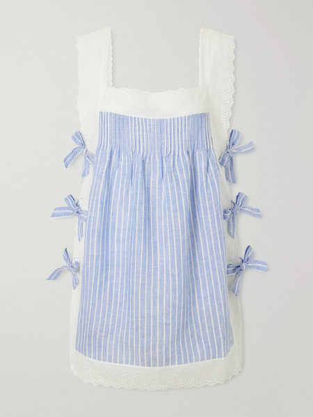  Loretta Caponi - Fiocchini Bow-embellished Striped Broderie Anglaise-trimmed Linen Mini Dress - Blue 