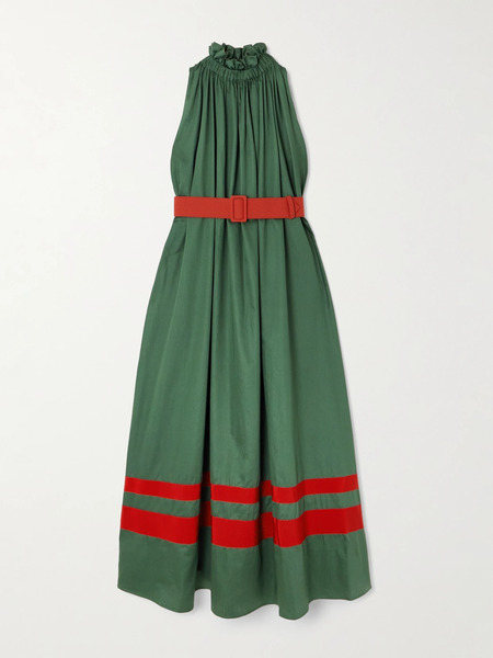  Marta Ferri - Camogli Belted Ruched Grosgrain-trimmed Cotton-poplin Halterneck Midi Dress - Dark Green 
