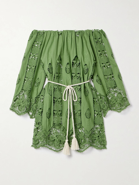  Miguelina - Brigette Off-the Shoulder Belted Lace-trimmed Embroidered Cotton-voile Mini Dress - Green 