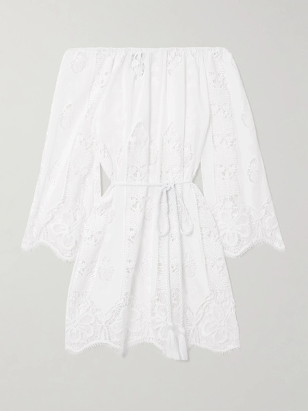  Miguelina - Brigette Off-the Shoulder Belted Lace-trimmed Embroidered Cotton-voile Mini Dress - White 