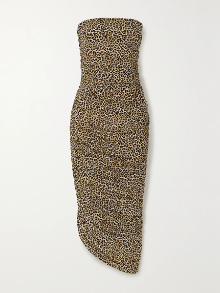  Norma Kamali - Diana Strapless Ruched Asymmetric Leopard-print Stretch-jersey Midi Dress - Leopard Print 