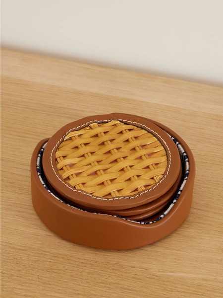  Ralph Lauren Home - Bailey Leather-trimmed Rattan-woven Set Of Four Coasters - Brown 