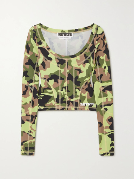  Rotate Birger Christensen - Tamisha Cropped Camouflage-print Recycled Stretch-jersey Top - Army Green 