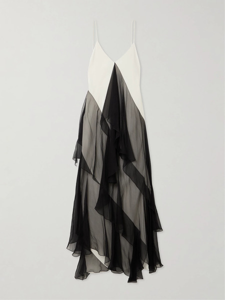  Sharon Wauchob - Megara Asymmetric Ruffled Two-tone Silk Crepe De Chine And Crepon Midi Dress - Black 