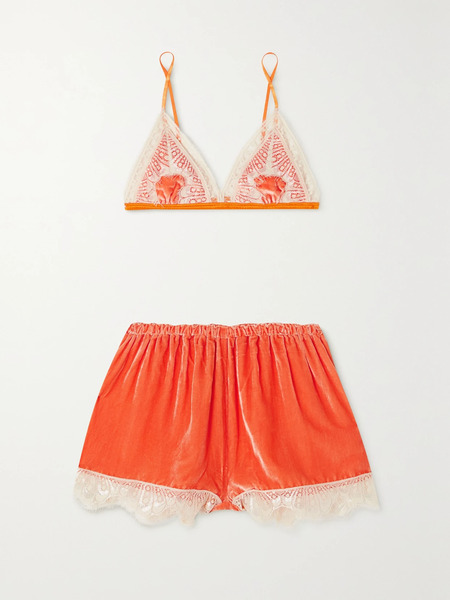  Sleeping With Jacques - + Net Sustain Julia Lace-trimmed Silk-blend Satin And Velvet Soft-cup Bra And Shorts Set - Orange 
