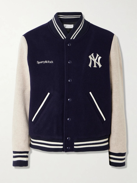 Sporty & Rich - + '47 And New York Yankees Leather-trimmed Embroidered Wool-felt Bomber Jacket - Navy 