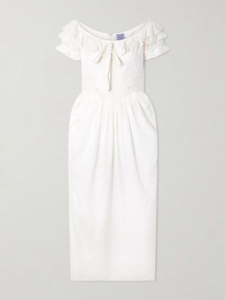  Thierry Colson - Falbala Off-the-shoulder Bow-detailed Ruffled Pleated Embroidered Cotton-voile Midi Dress - White 