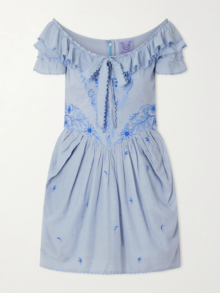  Thierry Colson - Falbala Off-the-shoulder Bow-detailed Ruffled Pleated Embroidered Cotton-voile Mini Dress - Blue 
