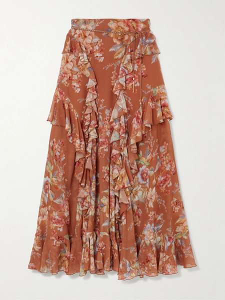  Zimmermann - Awaken Belted Ruffled Floral-print Cotton And Silk-blend Crepe De Chine Maxi Skirt - Light Brown 