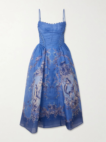  Zimmermann - Rebellion Lace-up Embellished Pleated Gathered Printed Linen And Silk-blend Midi Dress - Blue 