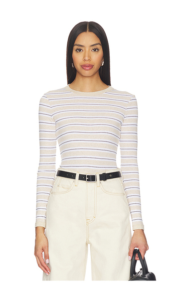  Enza Costa T-shirt Classique à Rayures En Coton, Manches Longues En Beige. Taille L. Also En M, S, Xs. 