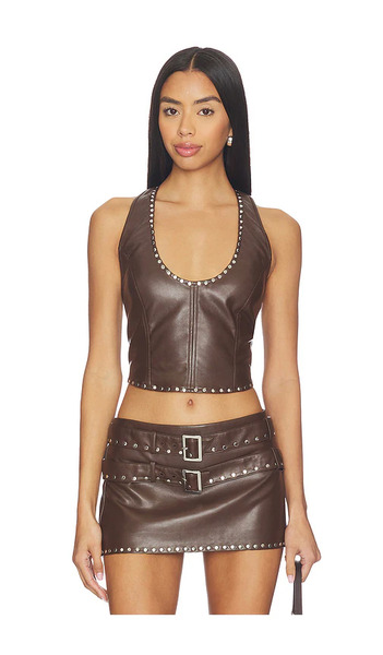  Lamarque X Revolve Liddy Faux Leather Studded Halter Top En Chocolate. Taille L. Also En M, S, Xl. 