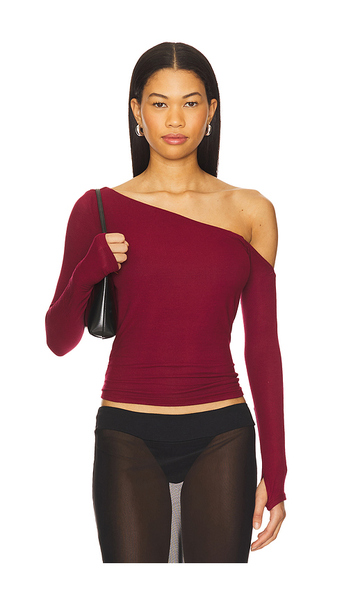  Michael Lauren Magdaleno Asymmetrical Fitted Cold Shoulder Long Sleeve Top En Burgundy. Taille L. Also En M, S, Xl, Xs. 