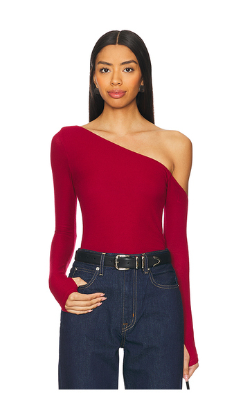  Michael Lauren Magdaleno Asymmetrical Fitted Cold Shoulder Long Sleeve Top En Red. Taille L. Also En M, S, Xl, Xs. 