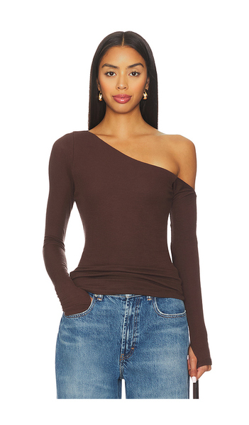  Michael Lauren Magdaleno Long Sleeve Fitted Asymmetrical Cold Shoulder Top En Brown. Taille L. Also En M, S, Xs. 