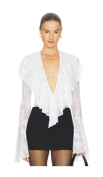  Norma Kamali Body à Volants Et Décolleté En V Profond à Manches Longues En White. Taille L. Also En M, S, Xs. 