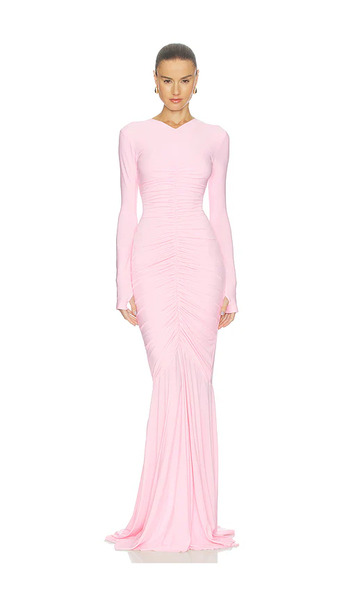  Norma Kamali Robe De Soirée Long Sleeve V Neck Shirred Front Fishtail En Pink. Taille L. Also En M, S. 