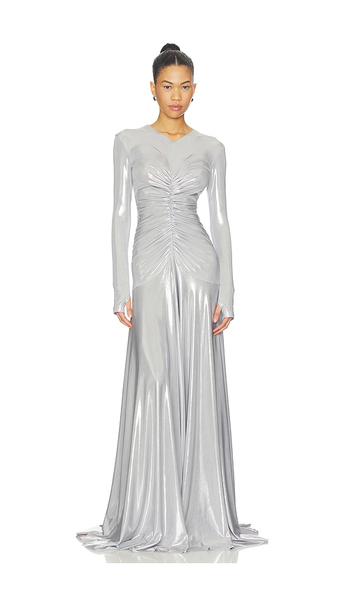  Norma Kamali Robe De Soirée Long Sleeve V Neck Shirred Front Flared En Metallic Silver, Grey. Taille L. Also En S, Xs. 