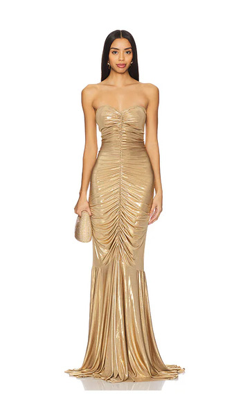  Norma Kamali Strapless Shirred Front Fishtail Gown En Metallic Gold. Taille L. Also En M, S, Xl, Xs, Xxs. 