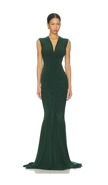  Norma Kamali X Revolve Sleeveless Deep V Neck Shirred Front Fishtail Gown En Green. Taille L. Also En M, S, Xs, Xxs. 