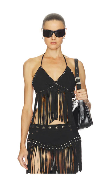  One Teaspoon Rebel Rider Fringed Studded Suede Cami Top En Black. Taille L. Also En M, S, Xl, Xxs. 