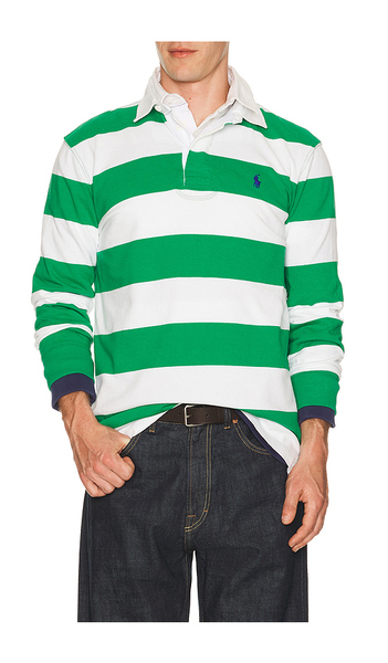  Polo Ralph Lauren Long Sleeve Iconic Stripe Rugby Polo En Green,white. Taille L. Also En M, S, Xl/1x, Xxl/2x. 