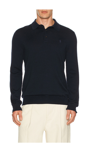  Polo Ralph Lauren Long Sleeve Merino Wool Button Placket Polo Sweater En Navy. Taille L. Also En M, S, Xl/1x. 