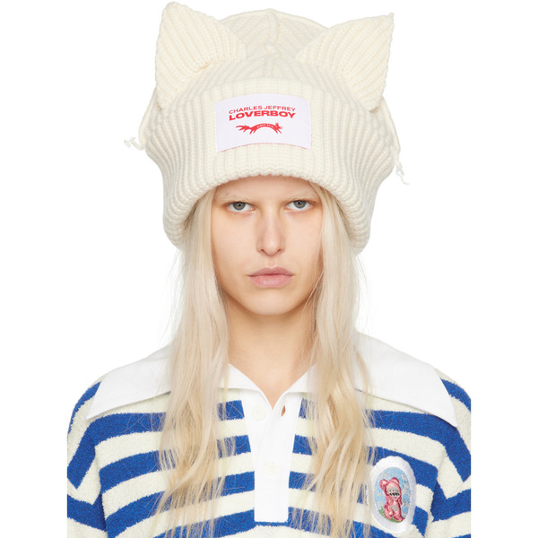  Charles Jeffrey Loverboy Bonnet épais Surdimensionné Blanc Cassé à Appliqués à Oreille Exclusif à Ssense 
