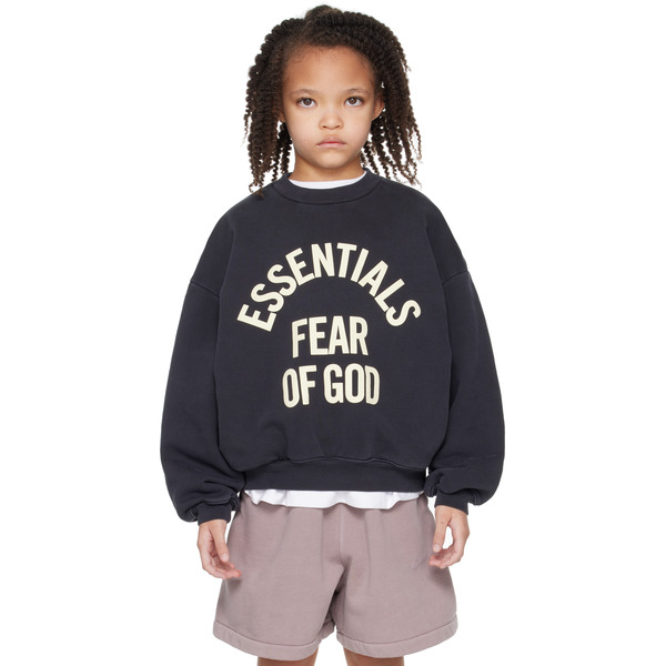  fear Of God Essentials Enfant | Pull Molletonné 90's Noir à Logo De Style Collégial Et à Col Ras Du Cou 