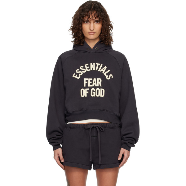  Fear Of God Essentials Pull à Capuche écourté 90s Noir à Logo De Style Collégial Et à Manches Raglan 