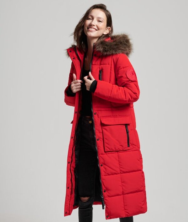  Superdry Dames Rouge Long Bordé De Fausse Fourrure Everest Manteau, Taille: 36 