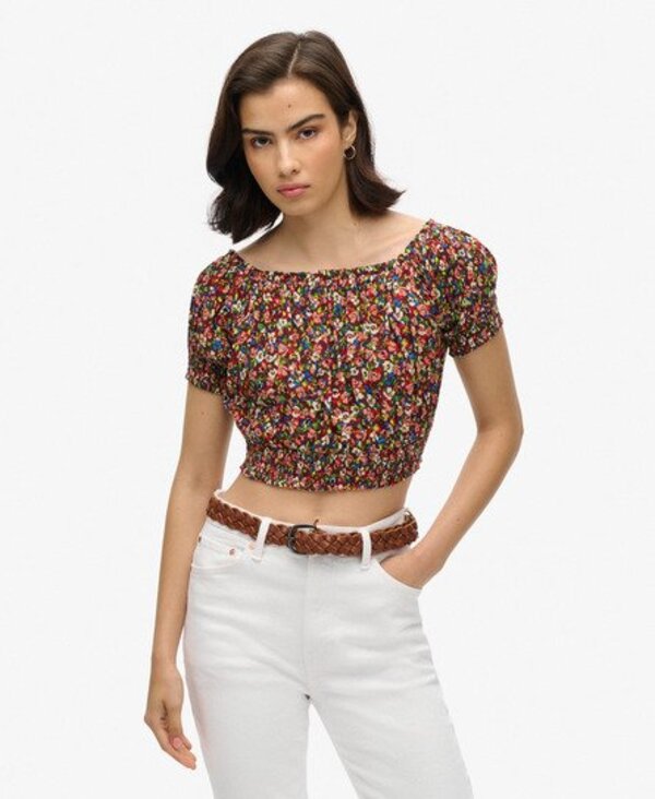  Superdry Femme Haut Court à Manches Courtes Smocké Marron, Vert Et Rouge Imprimée Floral, Taille: 42 Taille: 42 