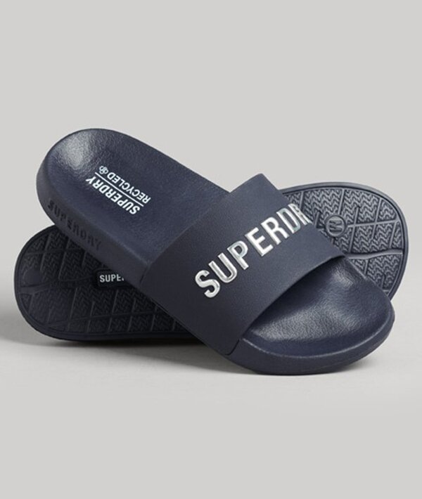  Superdry Femme Impression De Logo Véganes Code Core Claquettes De Piscine, Bleu Marine & Argent   Taille: S 