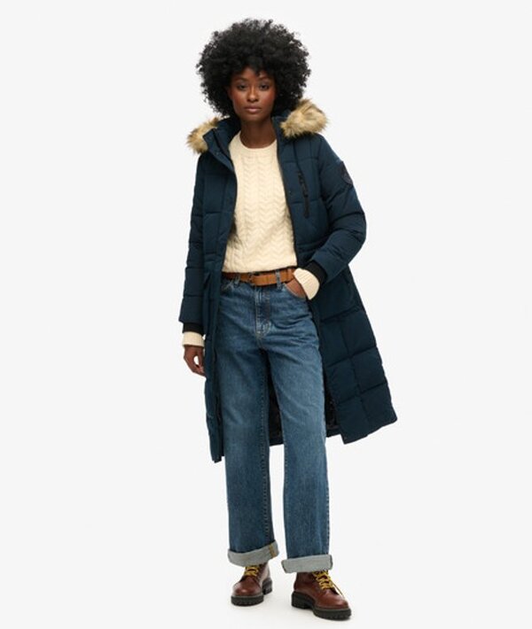  Superdry Femme Manteau Long Bordé De Fausse Fourrure Everest Bleu Marine Taille: 36 