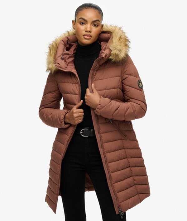  Superdry Femme Manteau Mi Long Fuji à Capuche En Fausse Fourrure Brown Taille: 42 