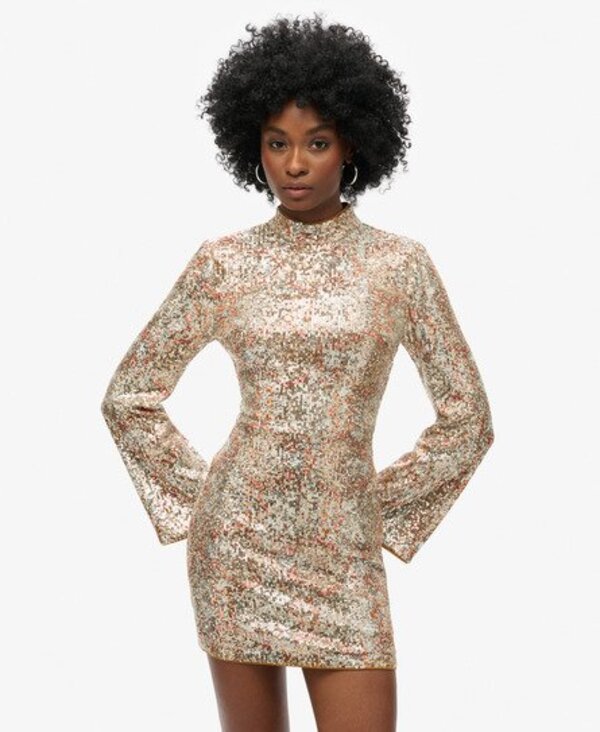  Superdry Femme Robe Courte Imprimée à Manches Longues Et Sequins Doré Paillette, Taille: 40 Taille: 40 