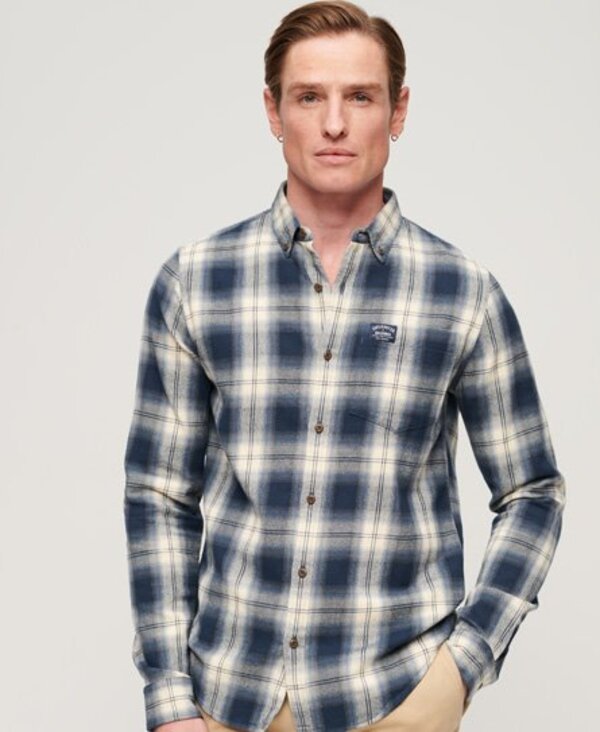  Superdry Pour Des Hommes Vérifié Chemise De Bûcheron à Manches Longues En Coton Bio, Bleu Marine, Taille: L 